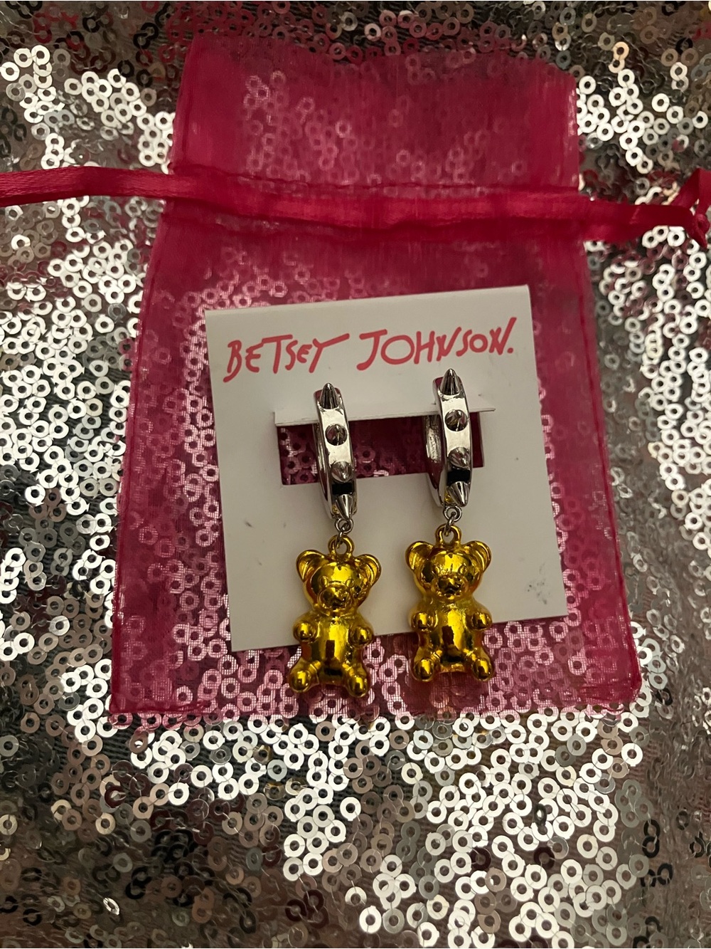 Betsey Johnson Metallic Yellow Gummy Bear Spiked Hoop Huggie 🤗 Earrings